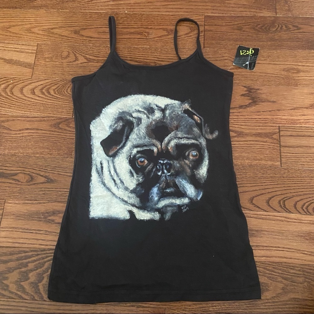 Hand painted pug on black tank top size small
